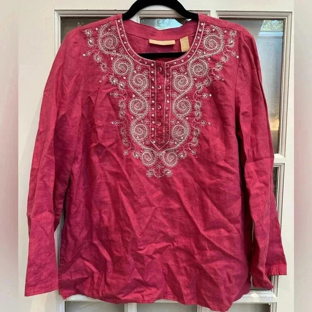Kate Hill Pink Fuchsia Sequin Linen V-Neck Embroidered Blouse Size Large Petite